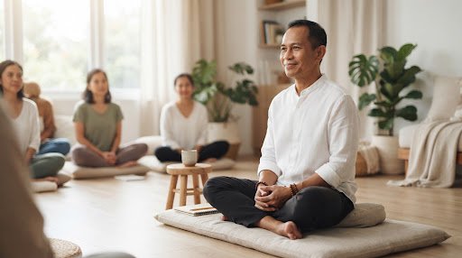 Adjie Santosoputro memandu sesi meditasi kelompok