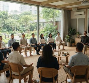 Sesi mindful resilience bersama tim kantor duduk melingkar